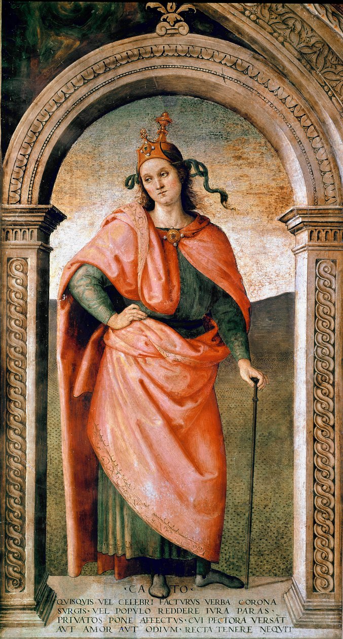 Caton the Censor (234-149 BC) 的代表，罗马政治家 Fresco by Pietro Vannucci dit il Perugino (Perugin) (1445 / 1450-1523) 约 1497 年 Sun. 214x123 cm 佩鲁贾 (Perugia), Collegio del Cambio 作者 彼得罗·佩鲁吉诺（Pietro Perugino）