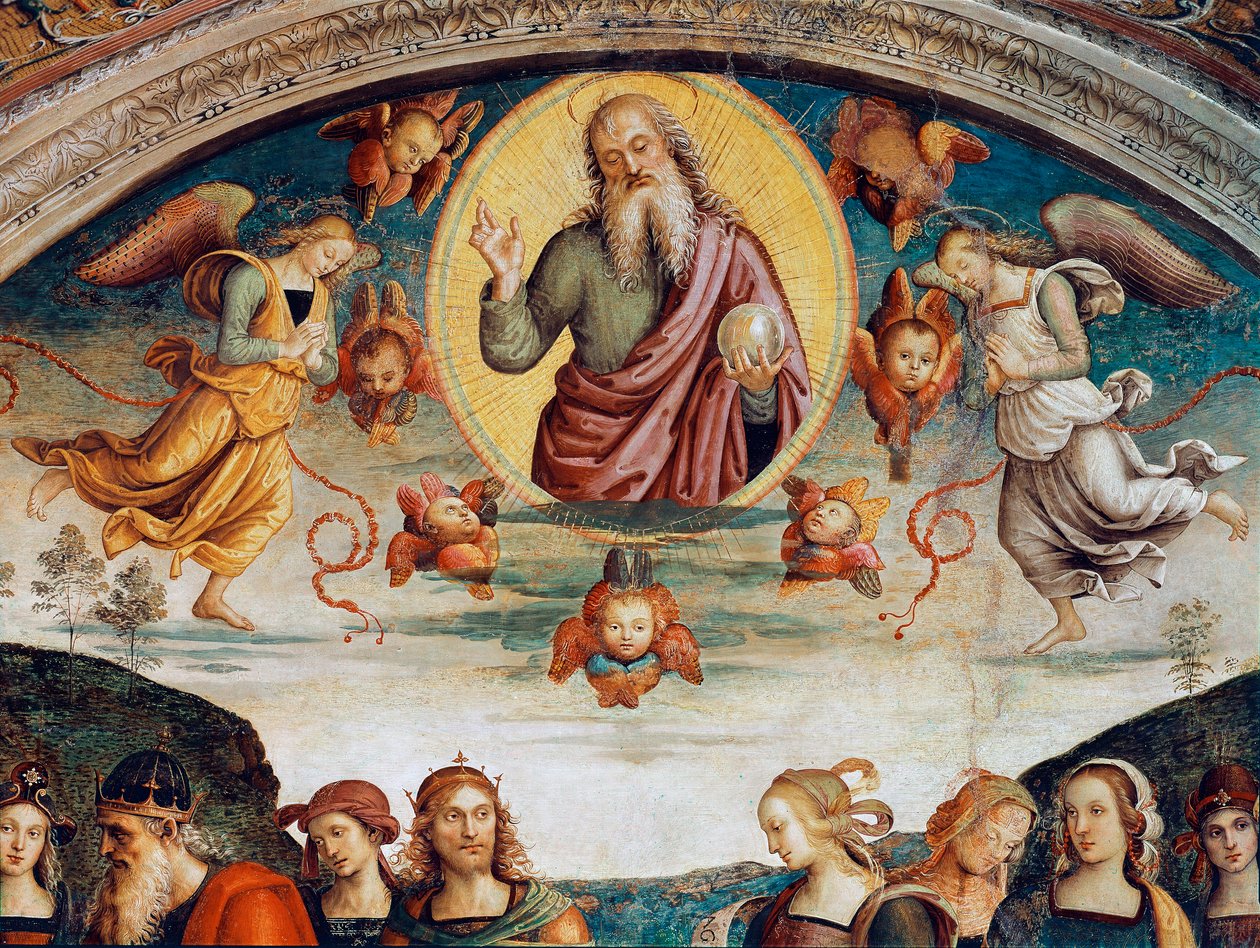 The Lord surrounds with prophecies and sibyls Detail representing the Lord Almighty. Fresco by Pietro Vannucci dit il Perugino (Perugin) (1448-1523) 1500 Dim. 229x370 cm Perugia, Collegio del Cambio 作者 彼得罗·佩鲁吉诺（Pietro Perugino）