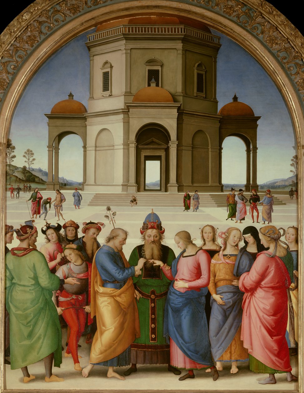 圣母的婚礼 皮埃特罗-万努奇（Pietro Vannucci）名为伊尔-佩鲁吉诺（Perugino）（1450-1523）的画作 1504年 太阳。2,36x1,86米--卡昂，美术博物馆--《圣女的婚礼》--皮埃特罗-万努奇的画作，称为Il Perugino（1450-1523），木板油画（234 x 18 作者 彼得罗·佩鲁吉诺（Pietro Perugino）