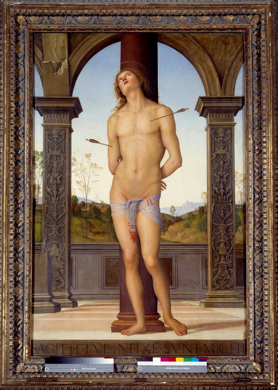 圣塞巴斯蒂安殉难 Pietro di Cristoforo Vannucci（Le Perugin 或 Il Perugino）（1446-1523）16 世纪太阳 1.76x1.16 米 - 圣塞巴斯蒂安（或圣塞巴斯蒂安）殉难。 Cristoforo Vannucci 的 Pietro 绘画（Il Perugino 或 Le 作者 彼得罗·佩鲁吉诺（Pietro Perugino）