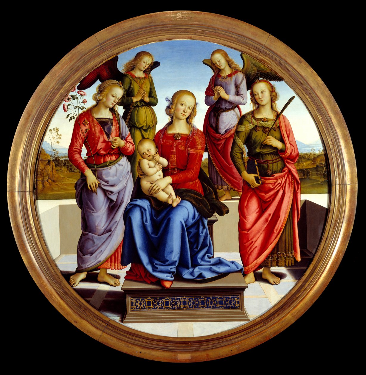 圣母和孩子被两个天使，圣玫瑰和圣凯瑟琳包围。 Pietro Vannucci 的绘画 dit il Perugino（佩鲁金 作者 彼得罗·佩鲁吉诺（Pietro Perugino）