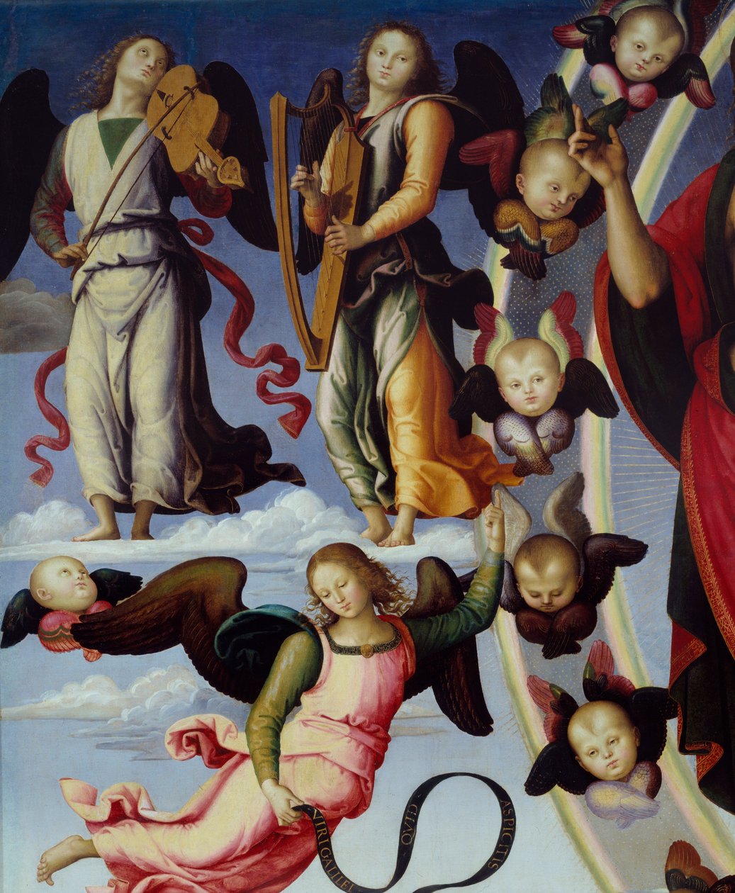 基督升天 右边描绘音乐天使的细节。 Pietro Vannucci 的绘画 dit Il Perugino（佩鲁金）（1450-1523）1496 年里昂美术博物馆 作者 彼得罗·佩鲁吉诺（Pietro Perugino）