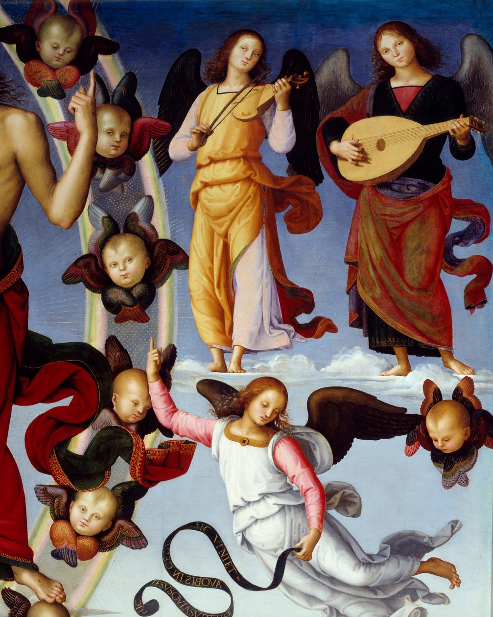 基督细节的提升代表音乐天使。 Pietro Vannucci 的绘画 dit Il Perugino（佩鲁金）（1450-1523）1496 年里昂，美术博物馆 作者 彼得罗·佩鲁吉诺（Pietro Perugino）