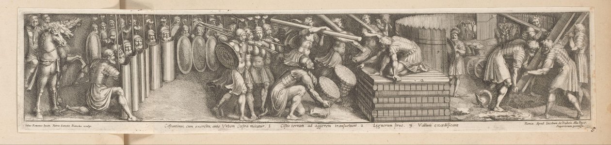 士兵扎营
Constantinus, cum exercitu, ante Urbem Castra metatur（物品上的标题）
君士坦丁皇帝的历史（系列标题） 作者 彼得罗·桑特·巴托利