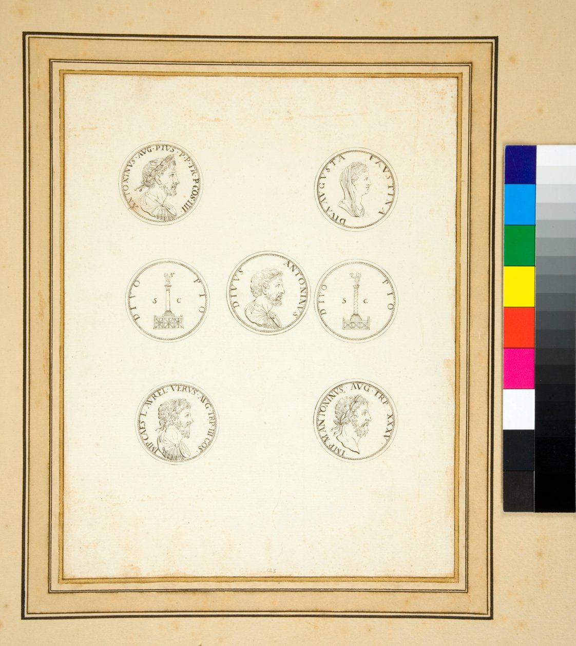 显示安东尼·皮乌斯 (Antoninus Pius) 专栏的硬币（墨水） 作者 彼得罗·桑蒂·巴托利（Pietro Santi Bartoli）
