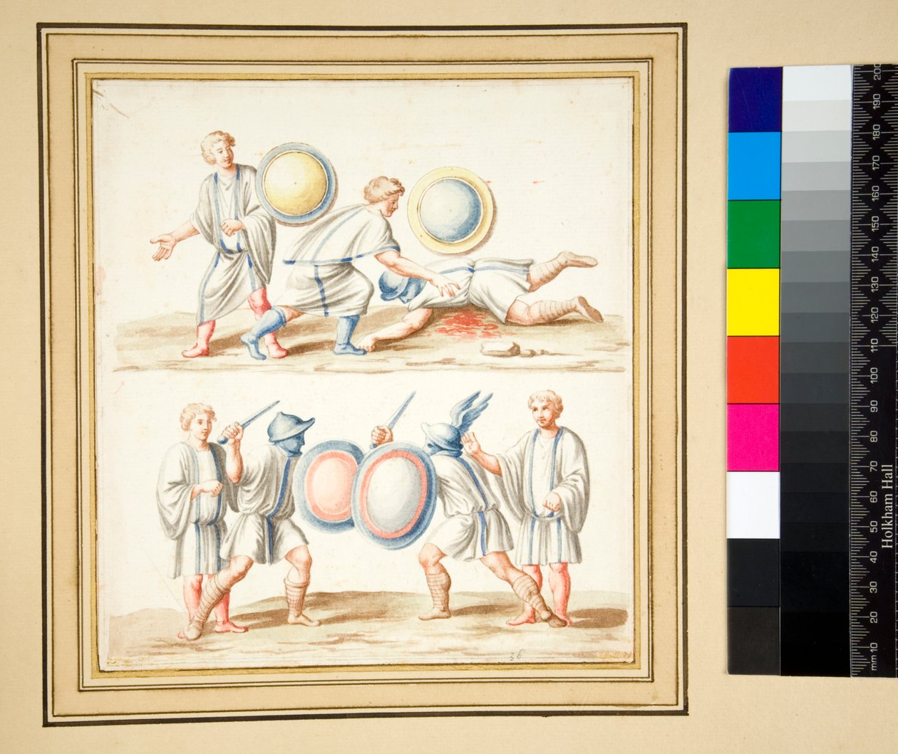 Copy of a mosaic of Two gladiatorial scene (black chalk, some with pen and brown ink. coloured with watercolor) 作者 彼得罗·桑蒂·巴托利（Pietro Santi Bartoli）