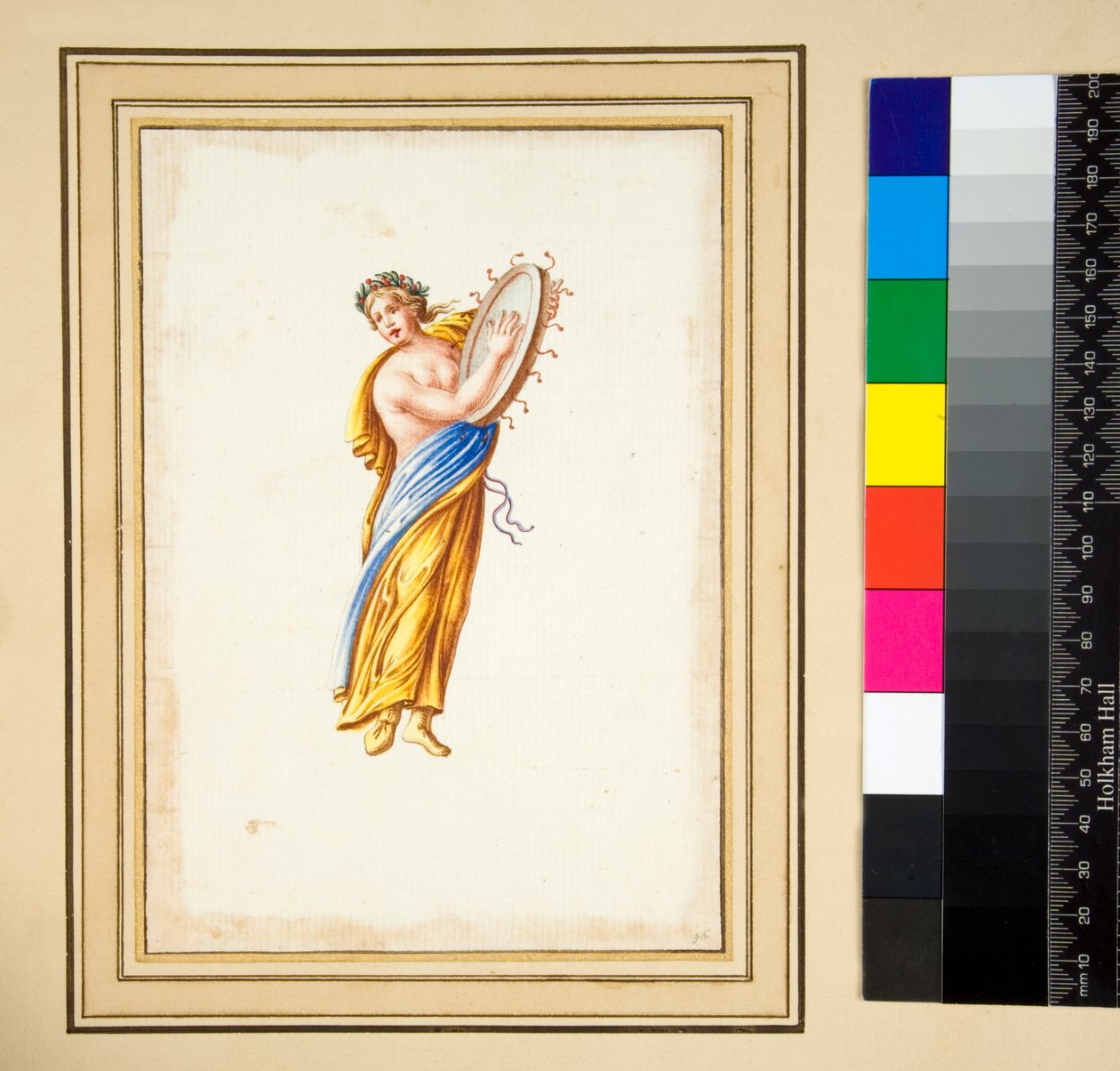 Draped figure beating a drum (black chalk, some with pen and brown ink. coloured with watercolor) 作者 彼得罗·桑蒂·巴托利（Pietro Santi Bartoli）