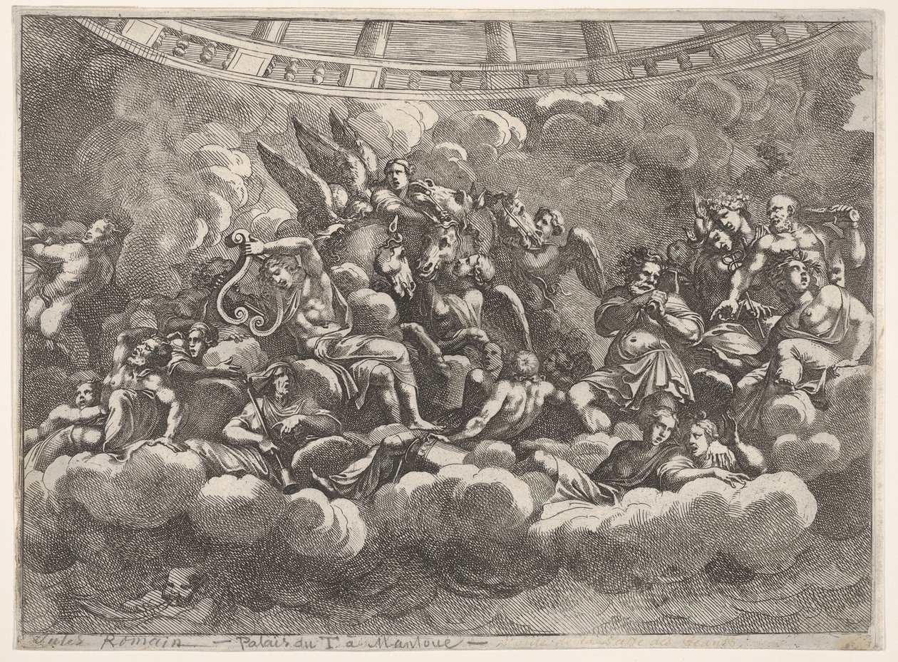 在云层中聚集各种奥林匹亚众神和神话人物，阿波罗（Apollo）在... 1680。 作者 彼得罗·桑蒂·巴托利（Pietro Santi Bartoli）