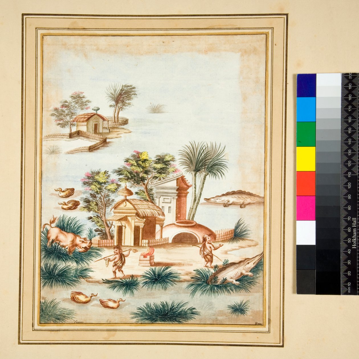 River-scene with two pygmies on an island (black chalk, some with pen and brown ink. coloured with watercolor) 作者 彼得罗·桑蒂·巴托利（Pietro Santi Bartoli）