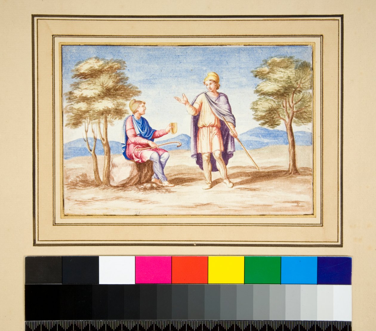 Two men in Phrygain Caps (black chalk, some with pen and brown ink. coloured with watercolor) 作者 彼得罗·桑蒂·巴托利（Pietro Santi Bartoli）