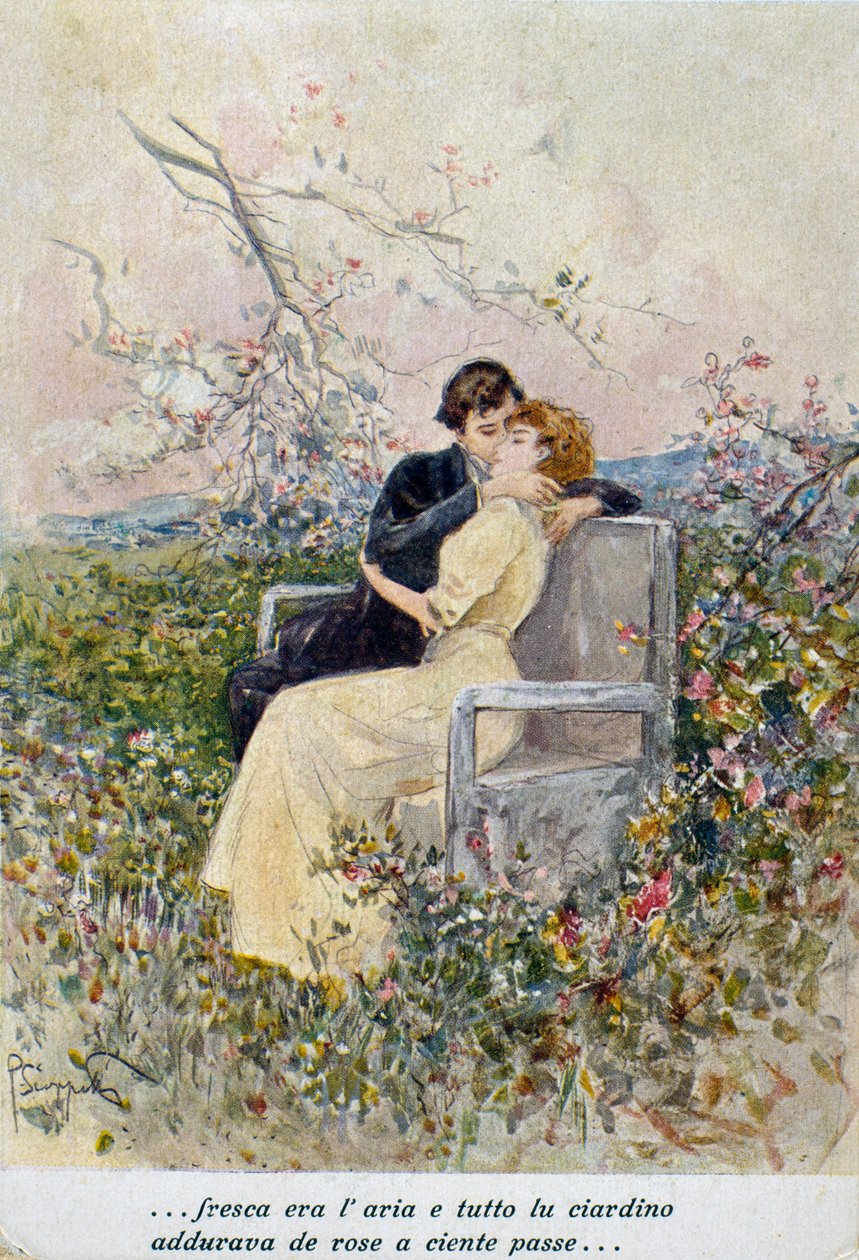 两个恋人，Pietro Scoppetta (1863-1920) 的插图，意大利，20 世纪 作者 彼得罗·斯科佩塔（Pietro Scoppetta）