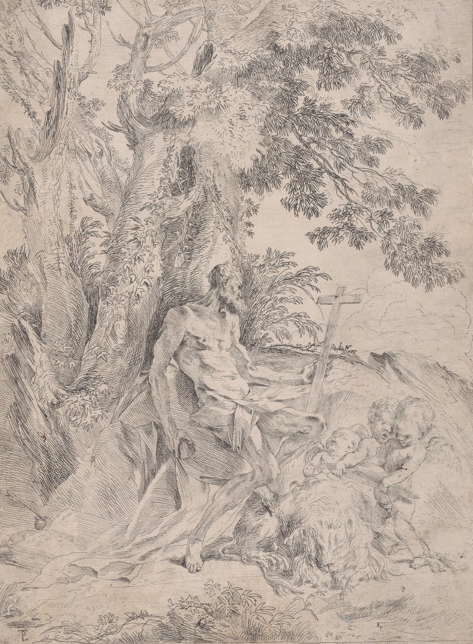 圣杰罗姆在十字架前，旁边有一只狮子和三个普蒂，约1631-37。 作者 彼得·泰斯塔
