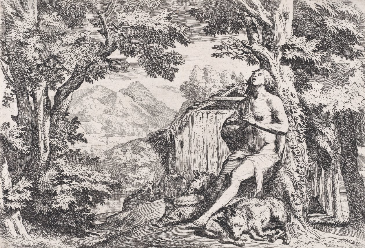 猪群中的浪子，来自四个系列的版画，约1645年。 作者 彼得·泰斯塔