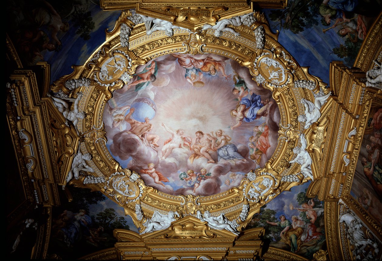 Cosimo I de Medicis（托斯卡纳的 Cosimo I）（1519-1574）阿波罗前的荣耀与美德指南（Cosimo I de Medici，托斯卡纳大公因荣耀与美德在阿波罗面前领导）壁画由 Pietro da Cortona（贝雷蒂尼） (1596-1669) 佛罗伦萨宫 作者 Pietro da Cortona
