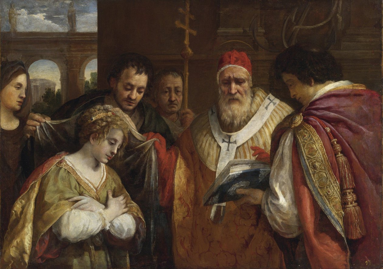 Flavia Domitilla (morte apres 95) recevant le voile du pape Clement I - Saint Domitilla 接受教皇克莱门特一世的面纱，Pietro da (1596-1669)。 布面油画，尺寸：123x172,7，，私人收藏 作者 Pietro da Cortona