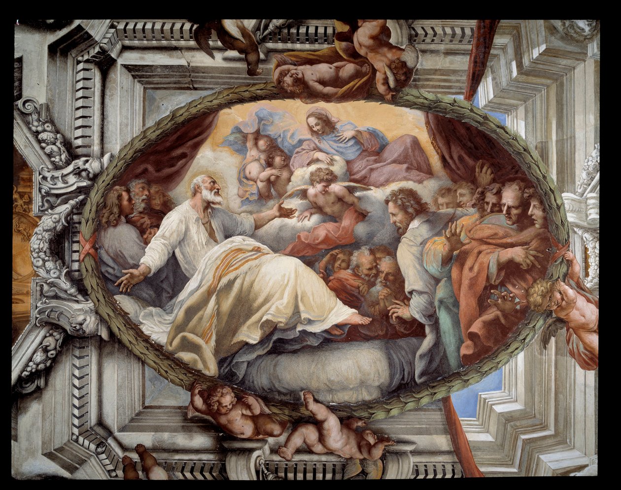 在 Pietro da Cortona（科尔托纳的彼得）（1596-1669）1652 年罗马，sala rossa（红色房间）意大利瓦利切拉的圣玛丽亚教堂的圣母壁画显现后恢复圣菲利普 作者 Pietro da Cortona