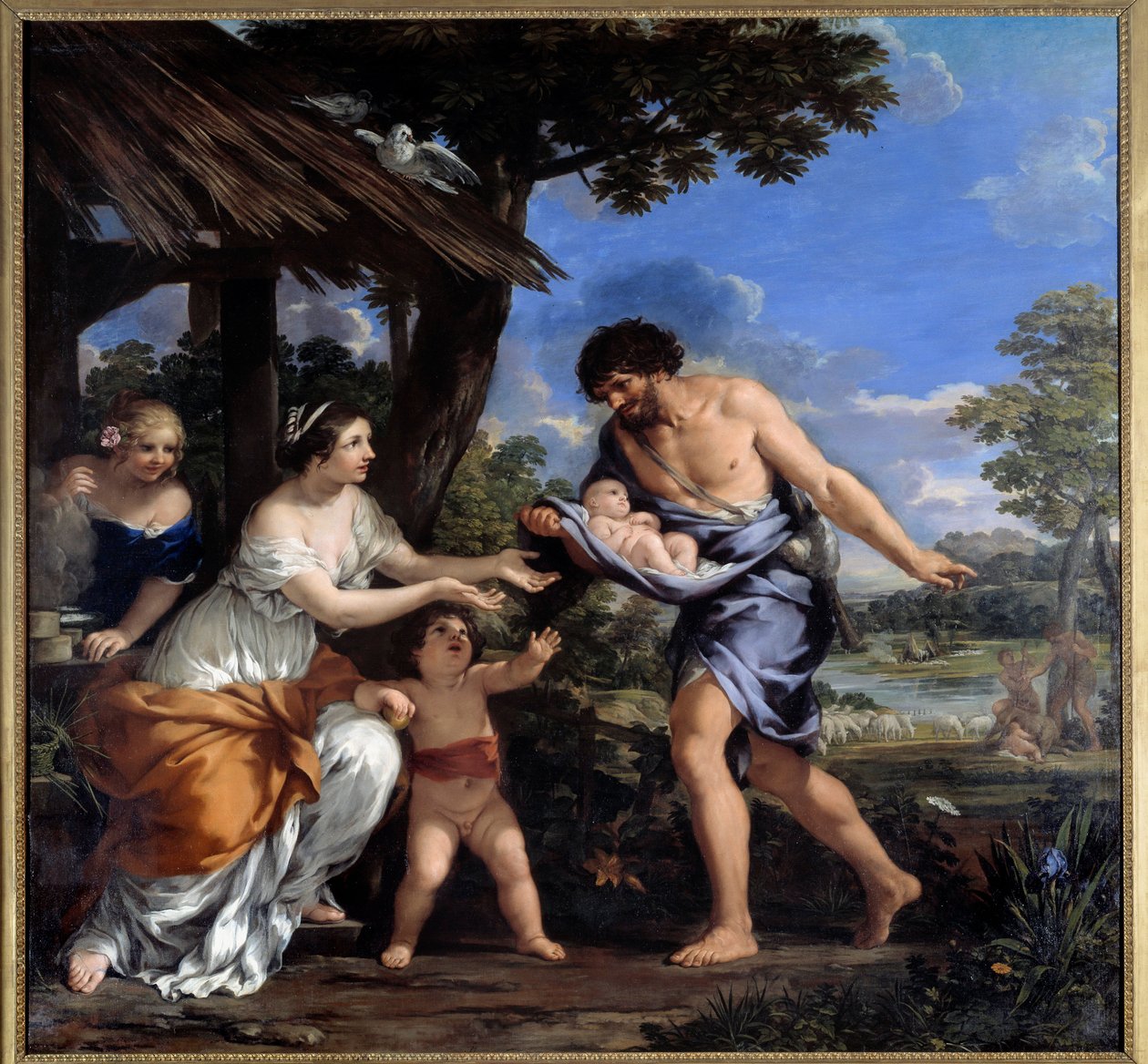 Romulus 和 Remus 由 Faustulus 和他的妻子 Acca Laurentia 收集 Pierre de Cortona 的绘画 (Pietro Berrettini dit Pietro da Cortona (1596-1669)。1643 Sun。2,51x2,65 m 作者 Pietro da Cortona