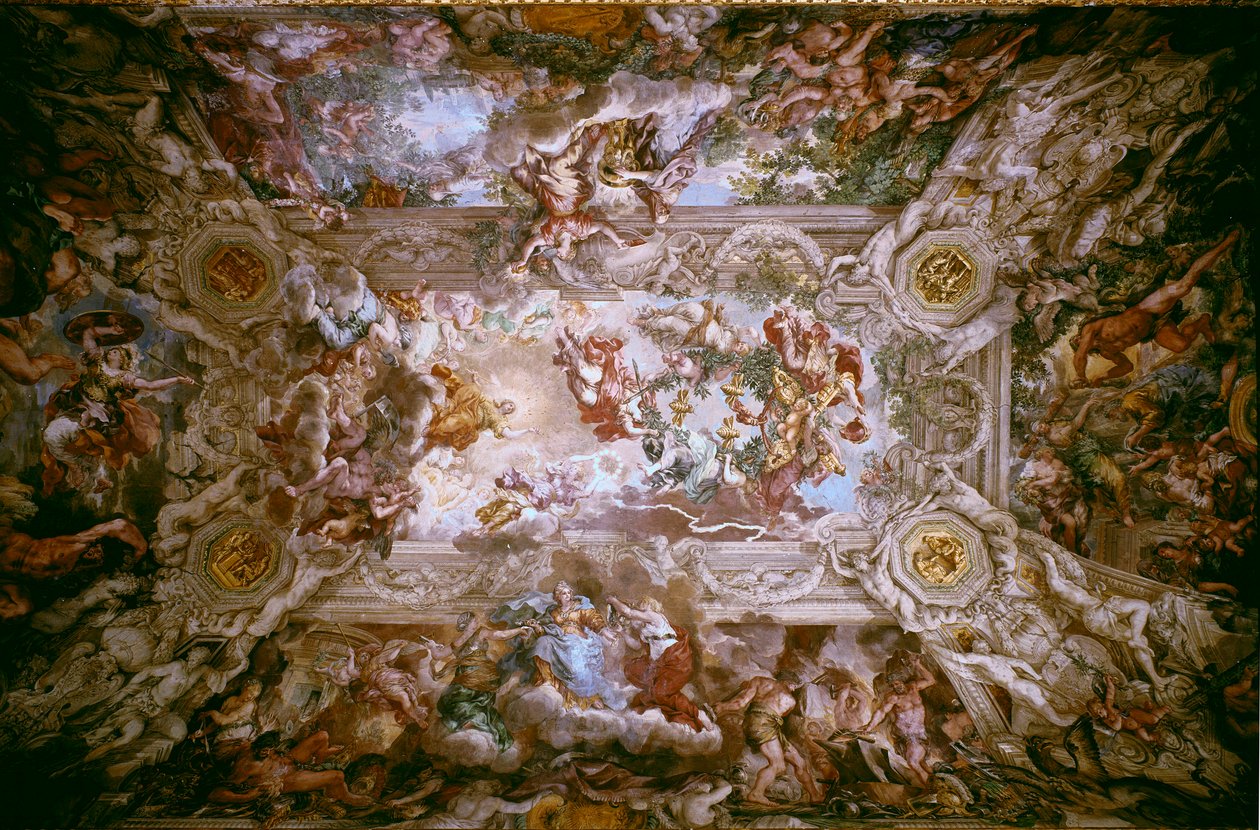 The glory of the Barberini: “The Triumph of Divine Providence” Allegory of Providence and Divine Power of the Barberini Family (Pope Urban VIII). Fresco by Stone of Cortona (Pietro Berrettini dit Pietro da Cortona (1596-1669) decorating the ceiling of Barb 作者 Pietro da Cortona