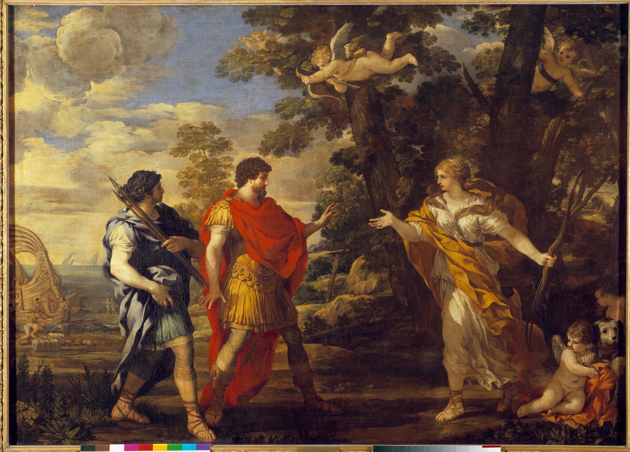 维纳斯作为猎人出现在皮埃尔·德·科尔托纳 (Pietro Berrettini dit Pietro da Cortona (1596-1669) 的 Enee 绘画中。17 世纪太阳。1,27x1,76 m 作者 Pietro da Cortona