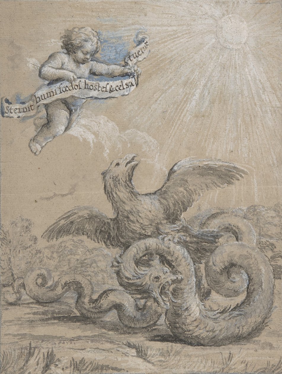 设计有一只鹰与一条蛇战斗，天空中的普托拿着...，17世纪。 作者 Pietro da Cortona