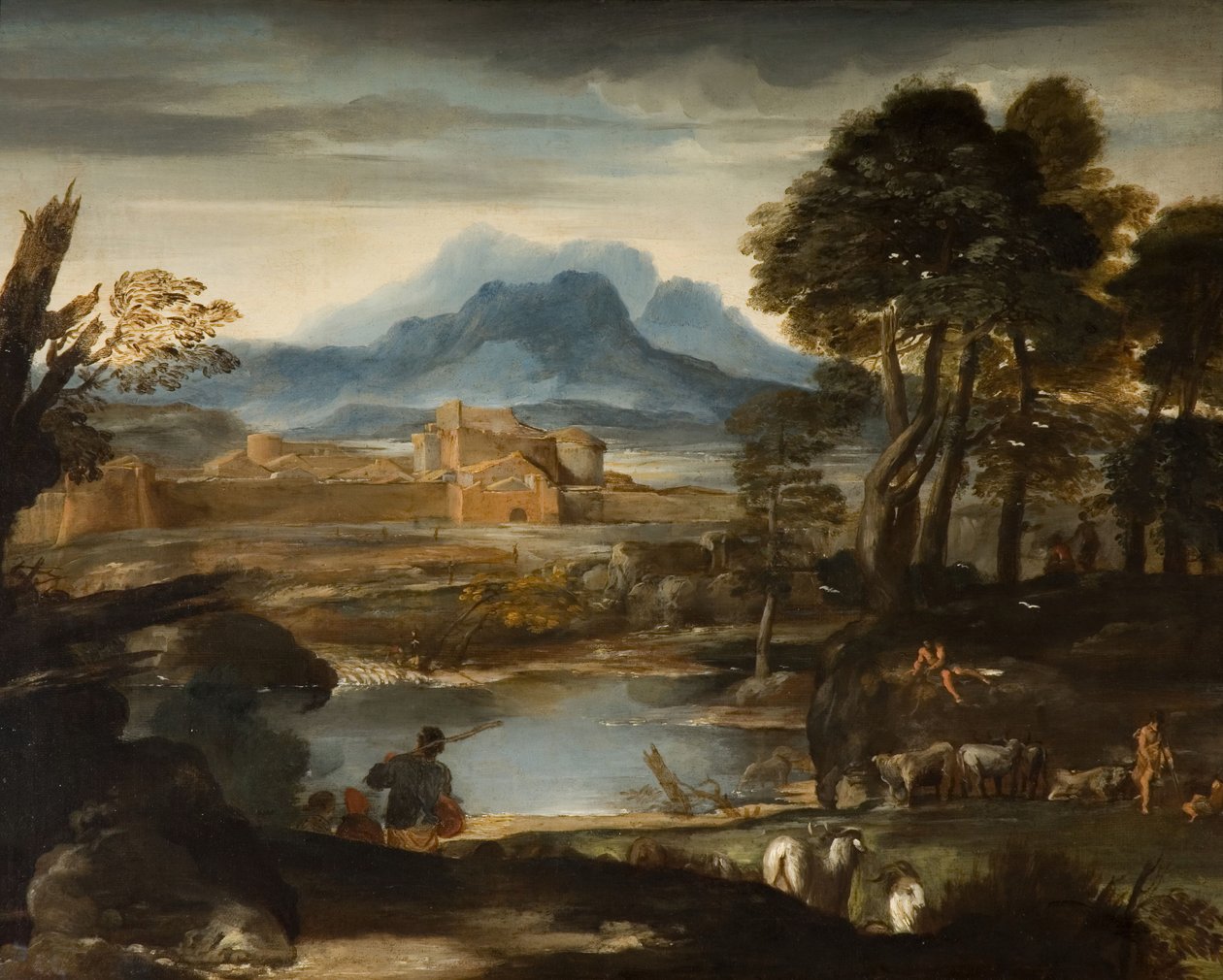 带有湖泊和城墙的风景，1635年。 作者 Pietro da Cortona