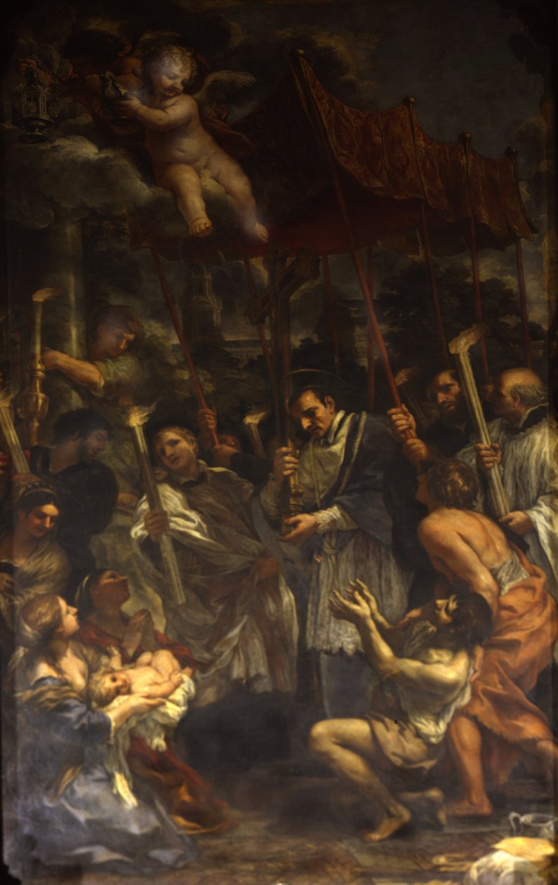 在瘟疫期间，圣查尔斯在游行中携带神圣的钉子 作者 Pietro da Cortona