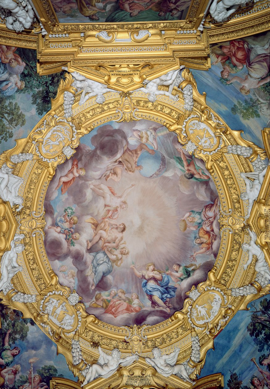 Sala di Apollo阿波罗大厅的天花板装饰细节描绘了Cosimo I deMedici 1519-74被呈现给Apollo，c.1647壁画 作者 Pietro da Cortona