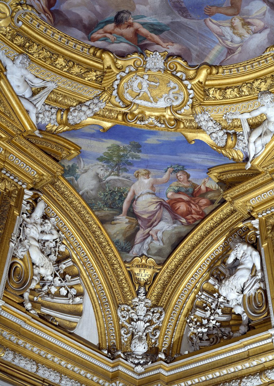 撒玛迪阿波罗阿波罗大厅详细描述了缪斯卡利奥佩和Melpomene，c.1647壁画 作者 Pietro da Cortona