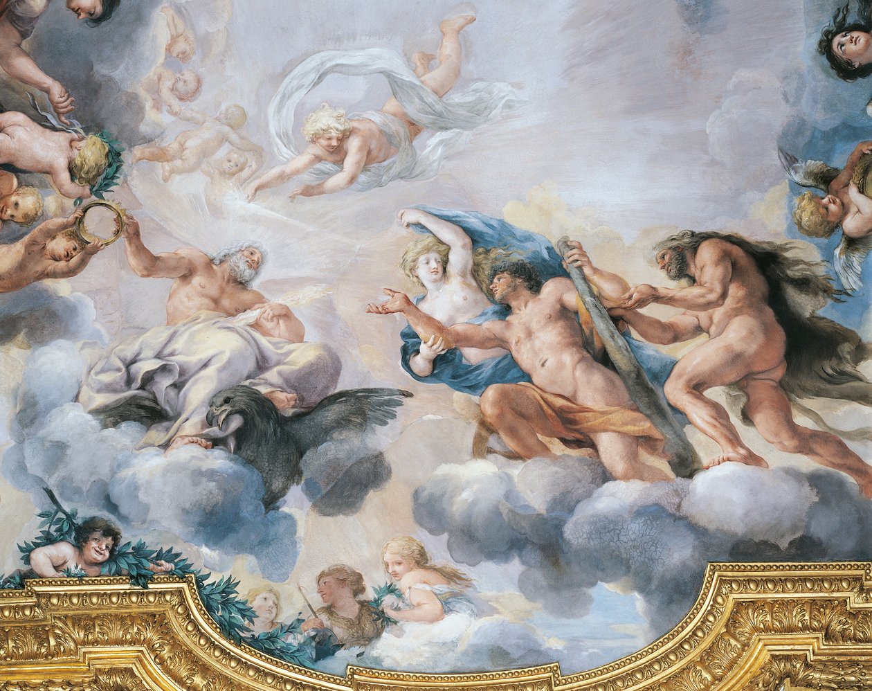 科西莫一世从朱庇特手中接过不朽王冠时的青年形象，由 Pietro da Cortona 和 Ciro Ferri 创作，壁画 作者 彼得罗·达和费里·西罗 (1634 89) 科尔托纳
