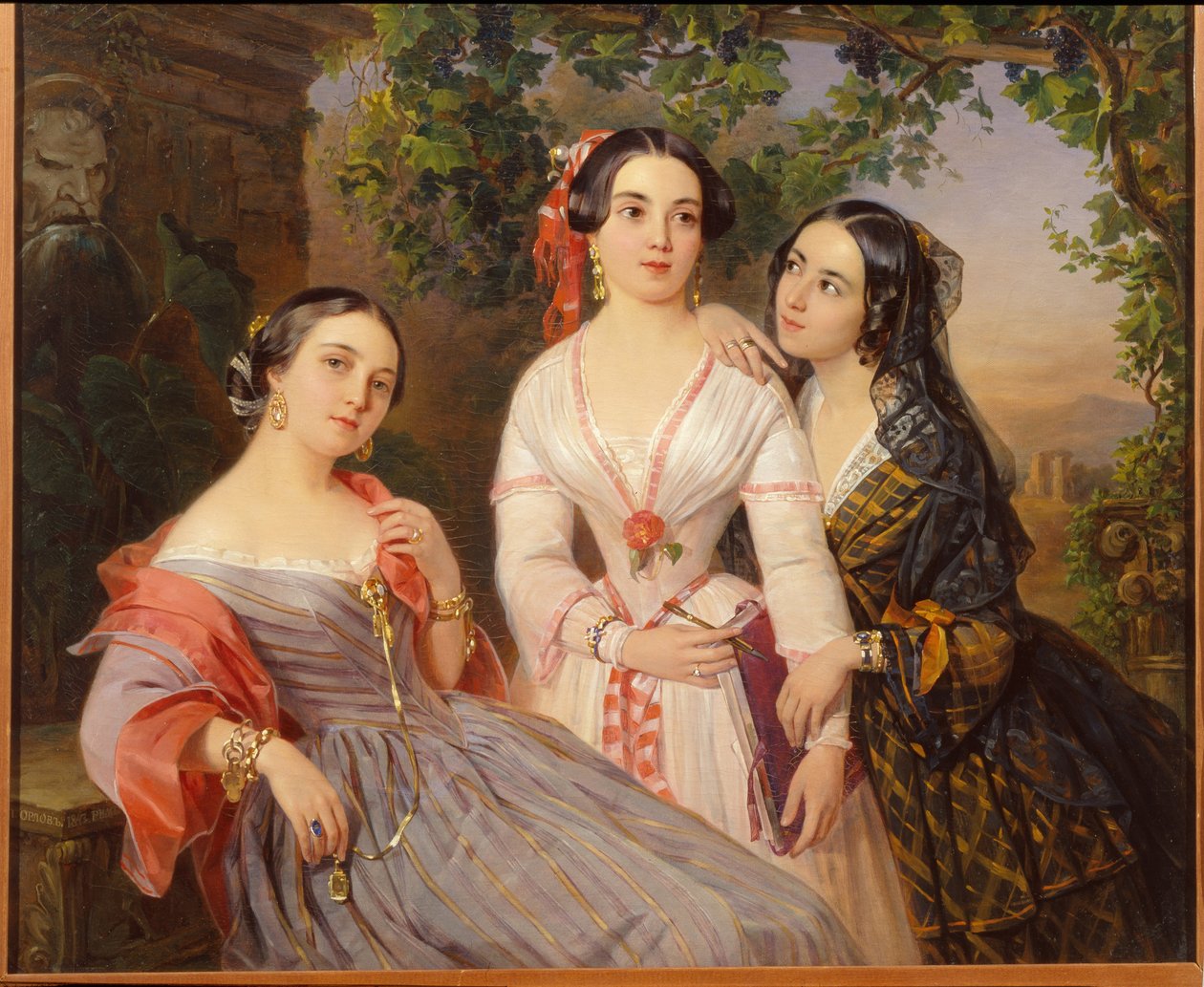 伊丽莎白·萨利亚斯·德·图尔内米尔伯爵夫人肖像 (1815-1892)、索菲亚·苏霍沃·科比林娜 (Soukhovo-Kobylina) (1825-1867) 和尤多基亚·彼得罗沃·索洛沃沃 - 皮门·尼基蒂奇·奥尔洛夫肖像 (1812-1863)，布面油画 作者 皮门·尼基蒂奇·奥尔洛夫（Pimen Nikitich Orlov）