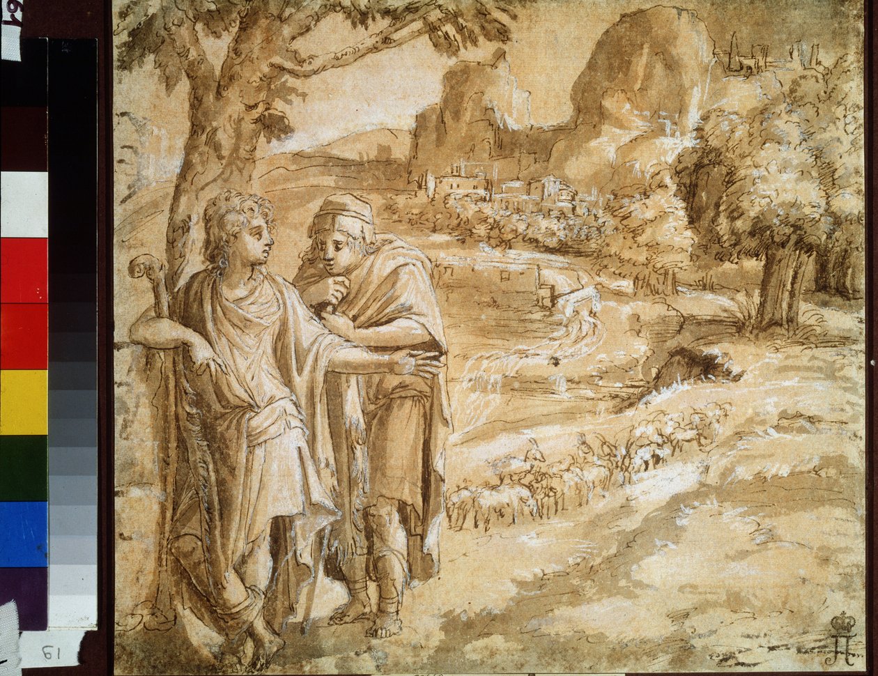 "风景中的牧羊人和朝圣者 水彩和水墨画，皮罗-利戈里奥（1510-1583 年），约 1550 年 莫斯科普希金博物馆 作者 皮尔罗·利戈里奥（Pirro Ligorio）