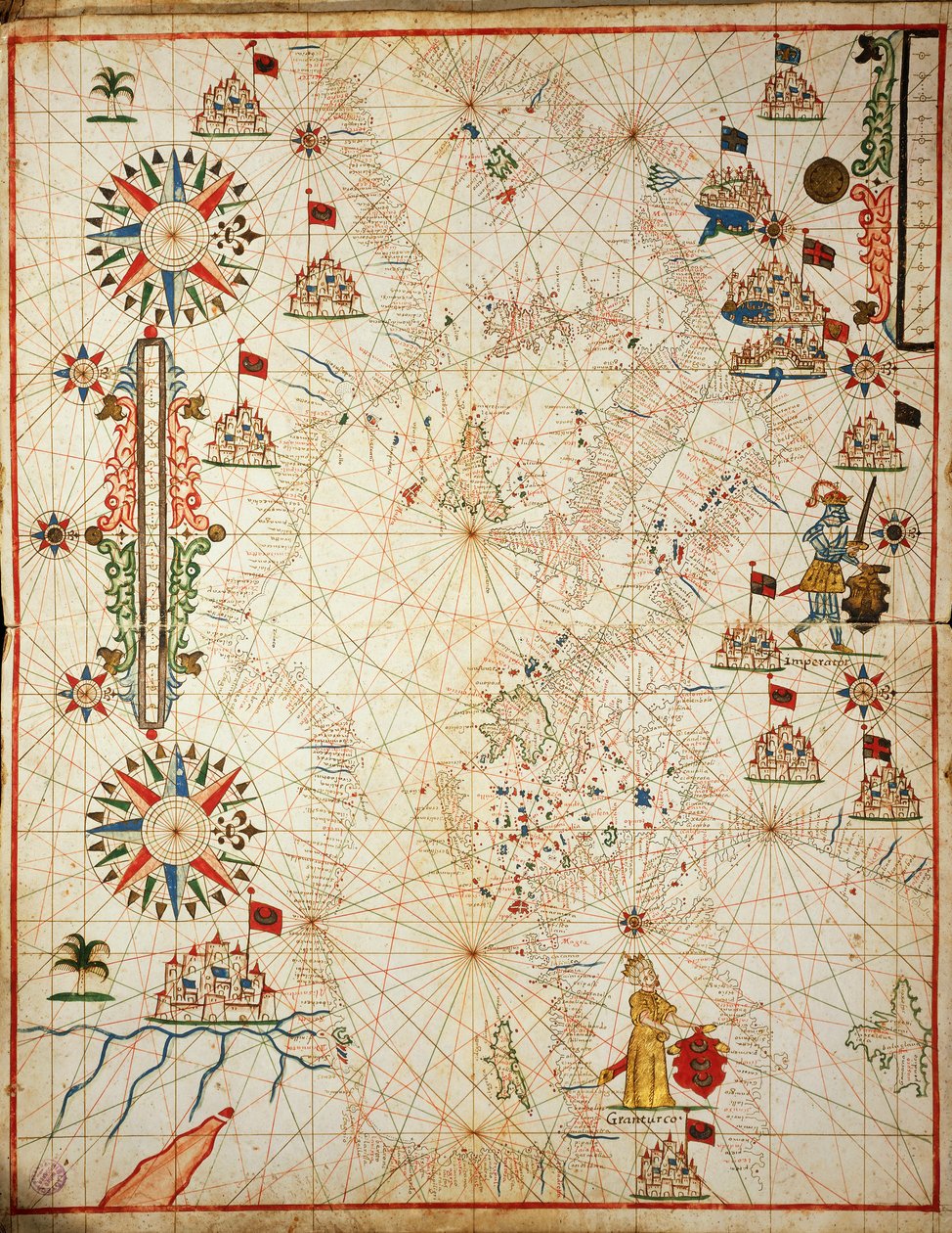 地中海，来自包含六张图表的波托兰地图集，普拉西多·卡洛罗 (Placido Caloiro) 和弗朗西斯科·奥利瓦 (Francesco Oliva) 绘制，羊皮纸。 1646. 作者 普拉西多卡洛罗和奥利瓦