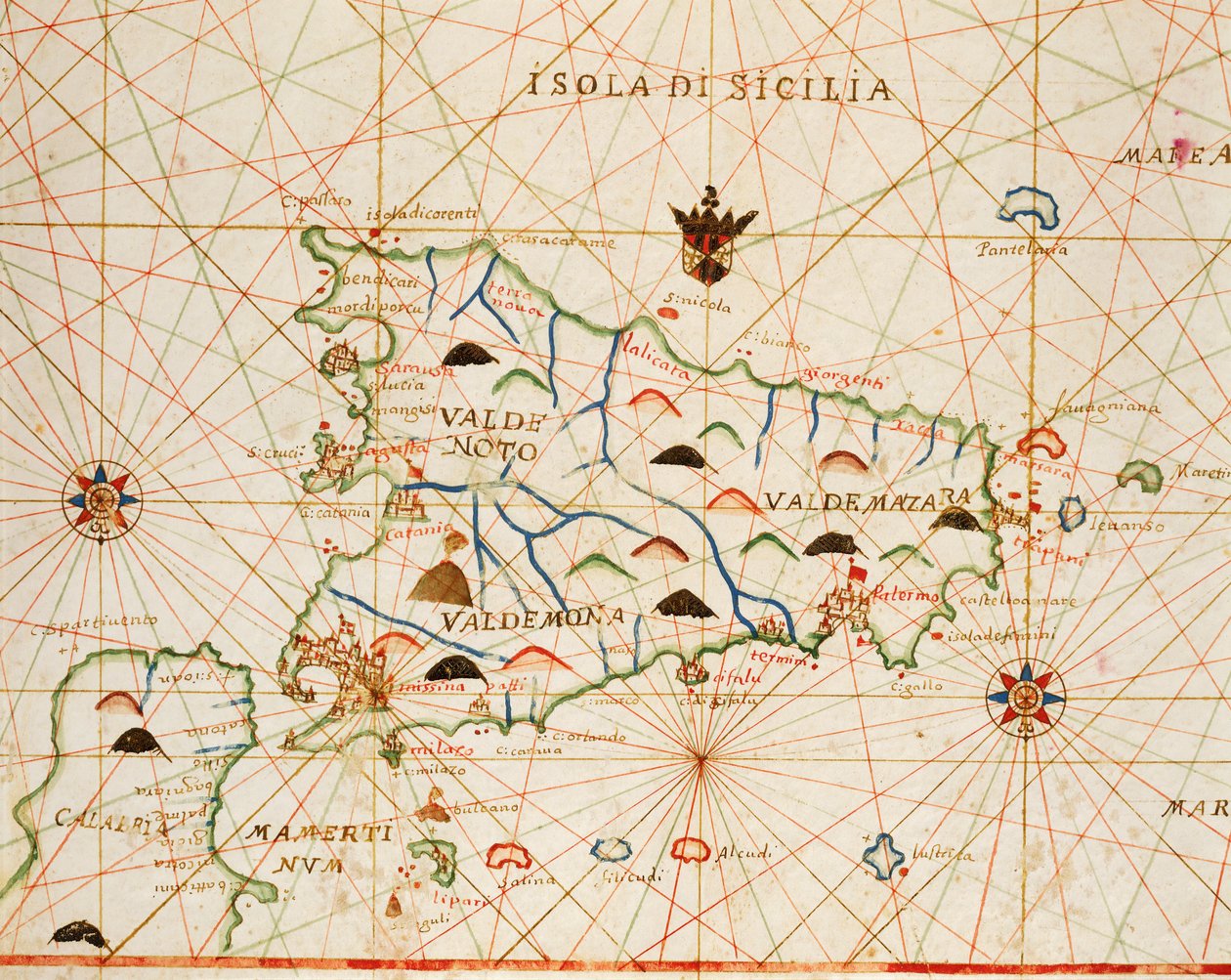 来自波托兰地图集的西西里岛，由六张图表组成，由 Placido Caloiro 和 Francesco Oliva 绘制，羊皮纸。 1646. 作者 普拉西多卡洛罗和奥利瓦