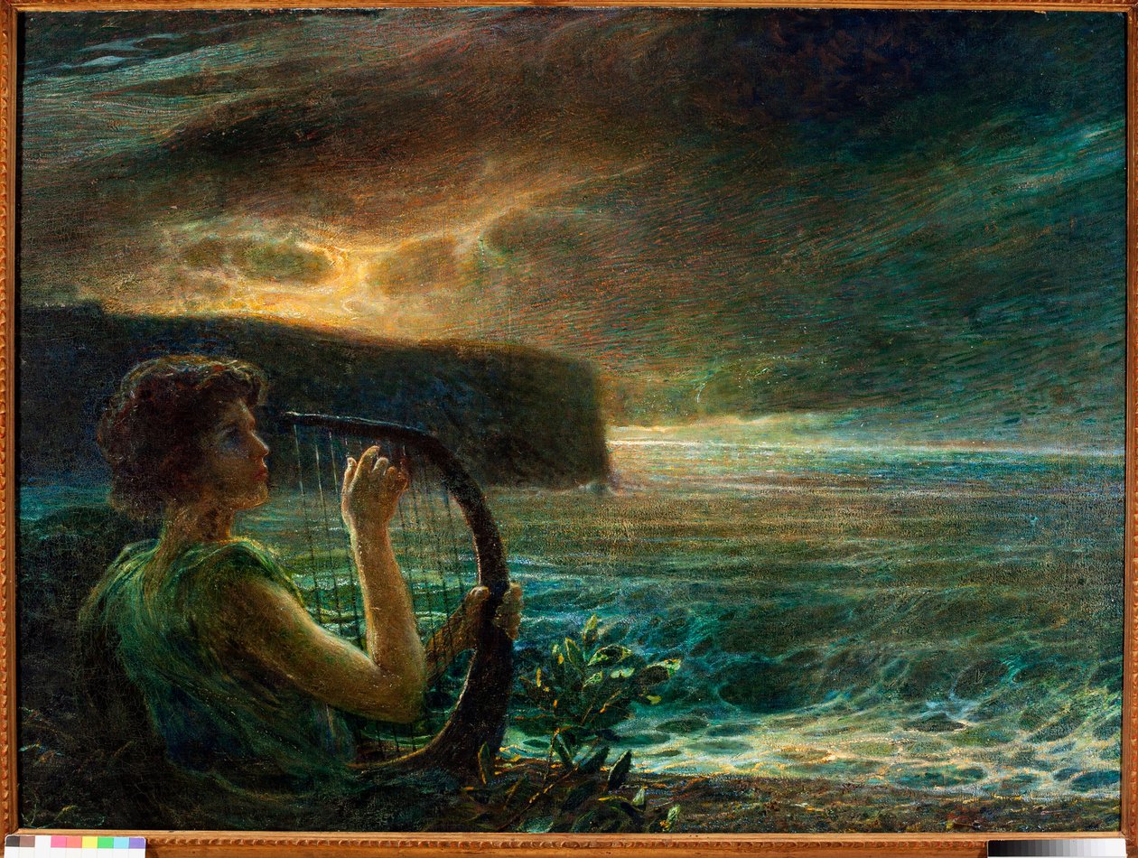 满月，向女性神致敬，在暴风雨天空的海景中演奏竖琴（布面油画） 作者 普林尼奥·诺梅利尼