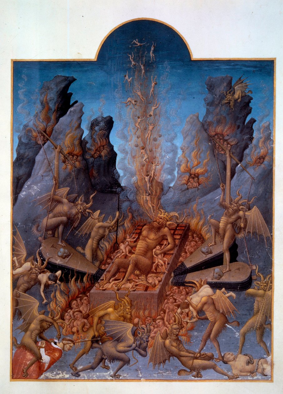 地狱。魔鬼们操作风箱搅动火苗，烧毁水门，使他们遭受各种折磨。"贝里公爵的富贵时光 "中的微型画。Pol De Limburg的画作（15世纪 作者 林堡