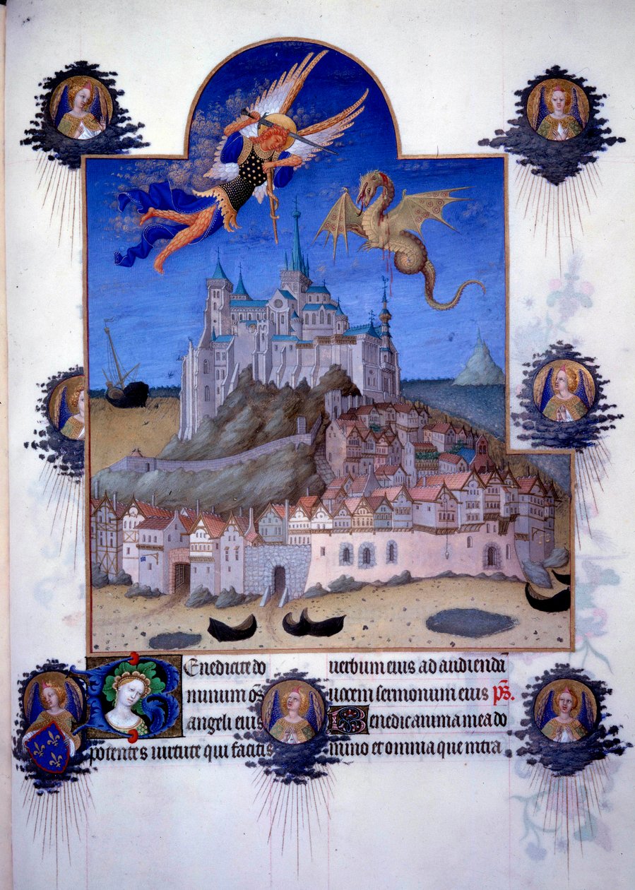 圣米歇尔山（Mont-Saint-Michel）：大天使圣米歇尔和龙翼代表在空中战斗。 来自 Pol de Limburg 的佛兰德缩影，出自雅克大帝 (1360-1415/1418) 的“好沼泽之书”，献给约翰 作者 林堡