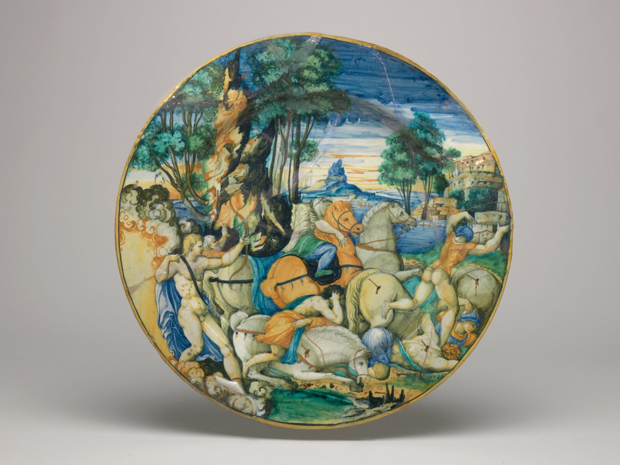 Maiolica碟，阿波罗（Apollo）杀死了Niobe之子-形状约为64，有平边，碟底，1548 作者 波利多罗·达·卡拉瓦乔