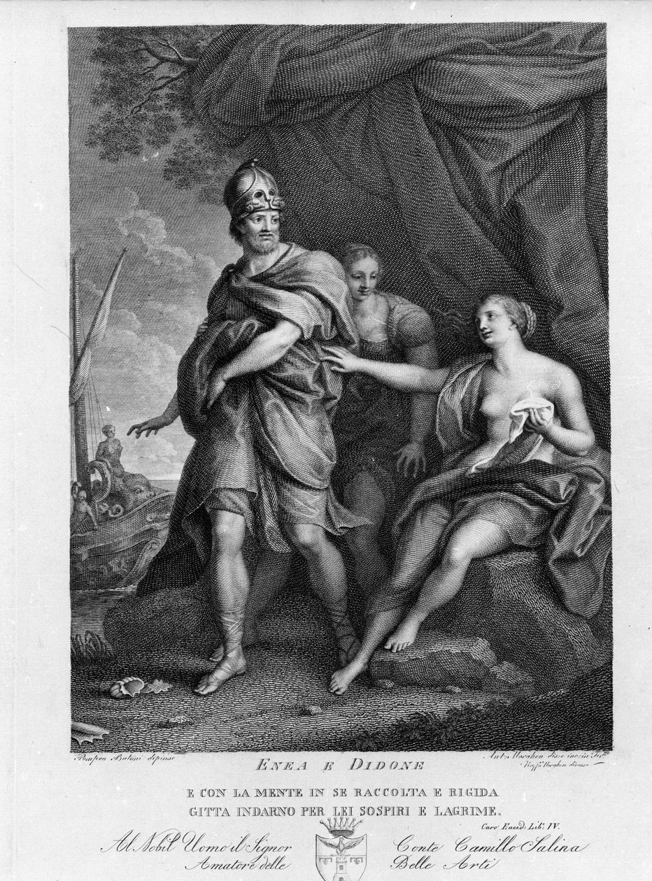Eneide de Virgil (70 BC-19 BC), Book IV, 特洛伊英雄Enee 抛弃了绝望自杀的Didon。 Pompeo Batoni (1708-1787) 的一幅画后雕刻 作者 庞培·吉罗拉莫（后）巴托尼