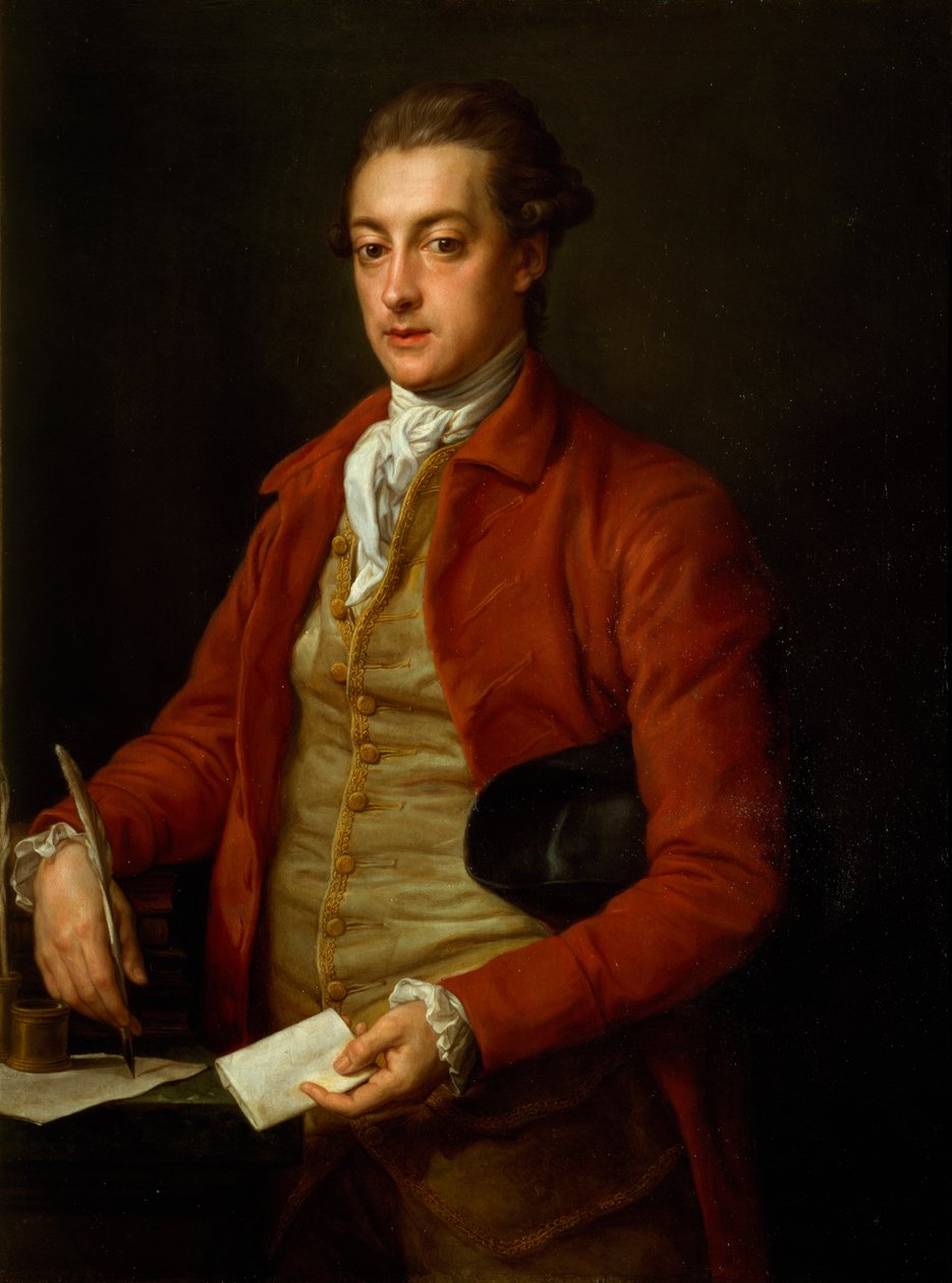 Portrait of the Hon. Lionel Damer, half length in Red Coat with Grey Vest and White Cravat, holding a Paper and Quill Pen (oil on canvas) 作者 庞培·吉罗拉莫·巴托尼