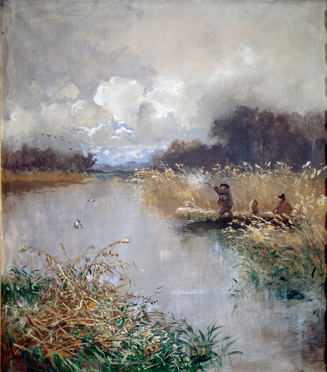 Duck Hunting Painting by Pompeo Mariani (1857-1927) 1898 Sun. 115x100 cm Genes, Galleria d