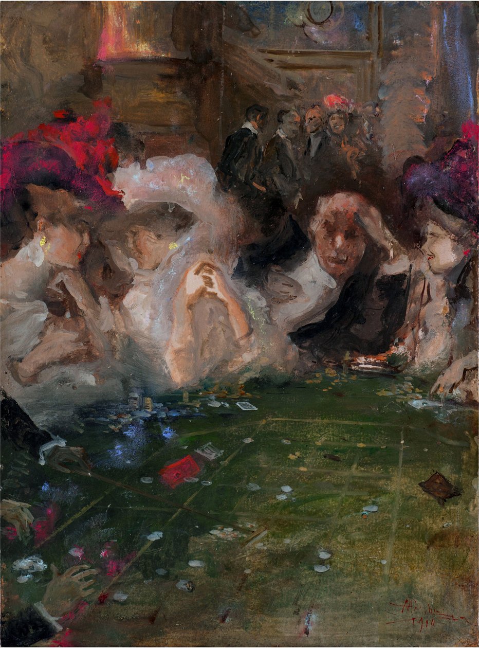 蓬佩奥 (Mariani, Pompeo)（1857-1927 年）的职业轮盘赌赌徒。 纸板油画，尺寸：36x26 作者 蓬佩奥·马里亚尼