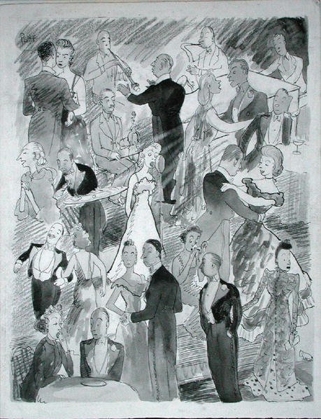 我们在伦敦跳舞（纸上钢笔、墨水和单色水彩）。 作者 蓬
