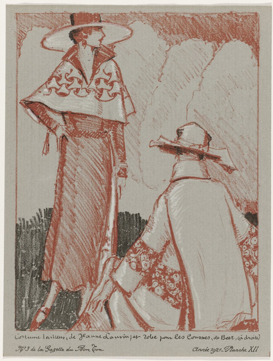 Gazette du Bon Ton》，1921 年 - 第 3 期，第 XII 插图：Jeanne Lanvin 设计的西装；Beer 设计的赛马礼服（标题在实物上） 作者 波特伍德拉夫