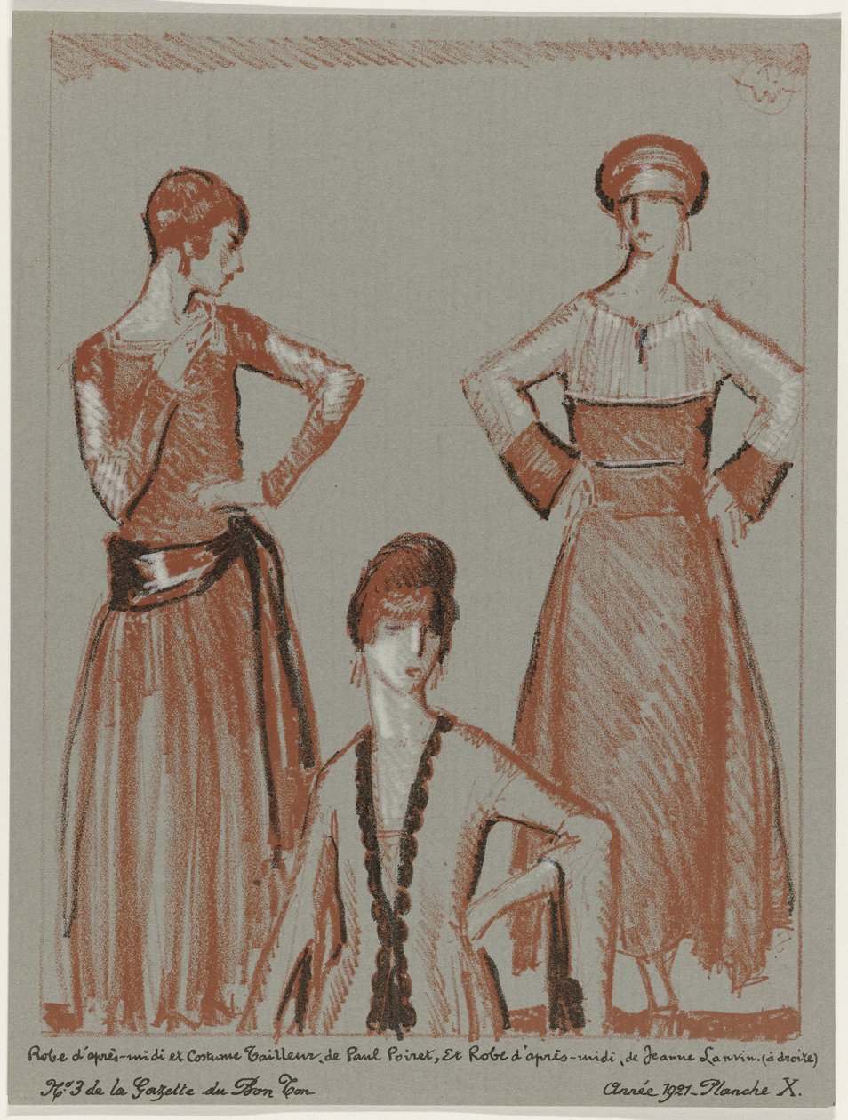 Gazette du Bon Ton》，1921 年 - 第 3 期，第 X 插图：Paul Poiret 设计的午后礼服和套装，以及 Jeanne Lanvin 设计的午后礼服（标题在实物上） 作者 波特伍德拉夫