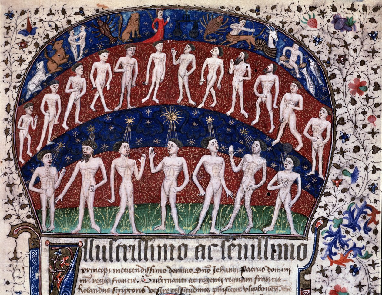 里斯本，MS 52-XIII-18 f.1r，缩影代表器官与行星之间的对应关系以及星星对情绪的影响，来自Rolandus Scriptoris的“Physionomia Rolandi Ulixbonensis” 作者 葡萄牙语学校