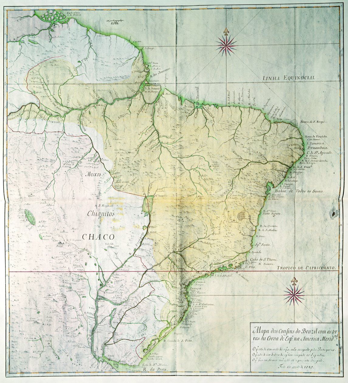 巴西地图，1749年（彩色雕刻） 作者 葡萄牙语学校