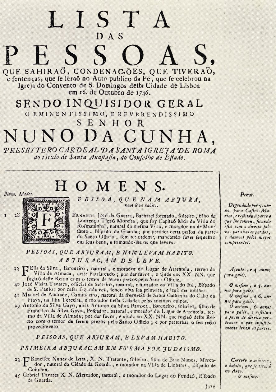 1746年在里斯本举办的Auto da Fe计划，来自塞西尔罗斯的“西班牙宗教裁判所”，1937年出版 作者 葡萄牙语学校