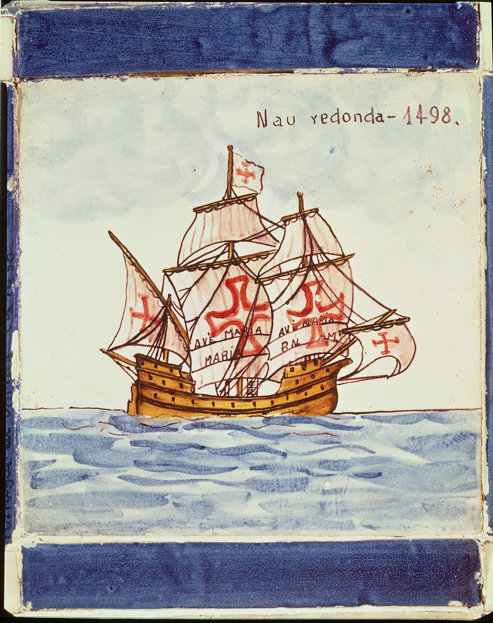 描绘一艘船的Azulejos瓷砖，来自Sagres，1498（陶瓷） 作者 葡萄牙语学校