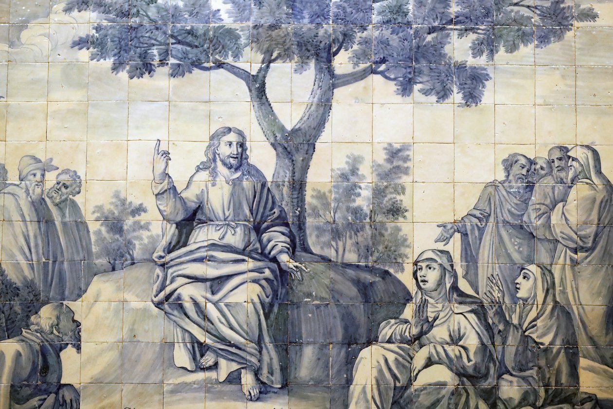 慈悲教堂。Azulejos.山上的讲道。耶稣。埃沃拉。葡萄牙。 作者 葡萄牙语学校