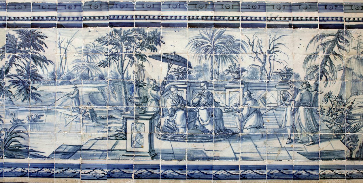 在亚洲的一个湖边品尝水果--Azulejos，彩绘陶器 作者 葡萄牙语学校